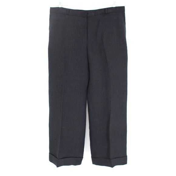 Oscar de la Renta Black Silk Twill Wide Leg Trousers Cuffed Pants 18 Plus NEW - Picture 1 of 8